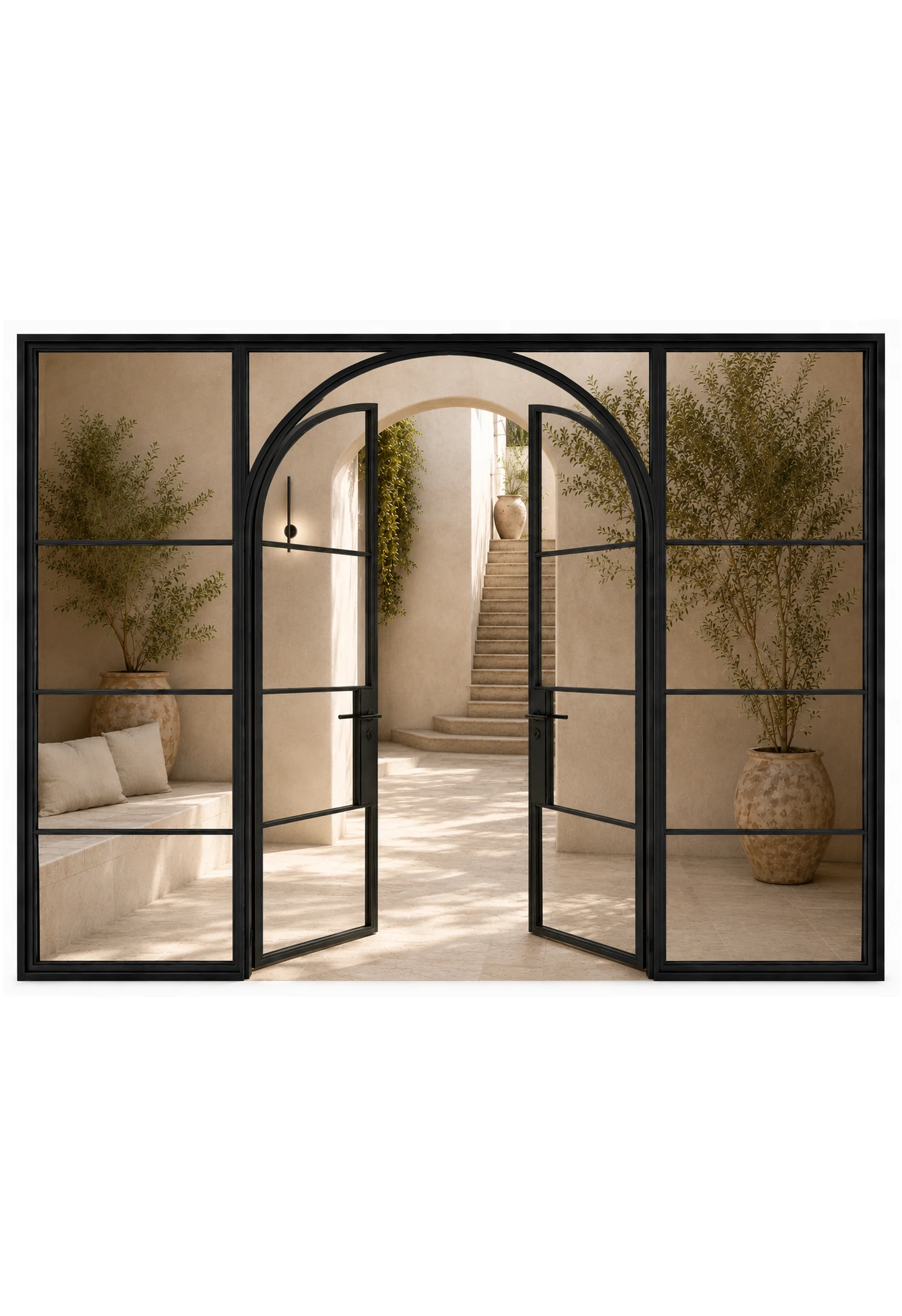 Full-Arch Double Steel Door with Sidelights — open