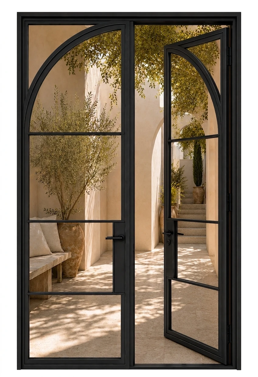 Arch-in-Square Double Steel Door — open